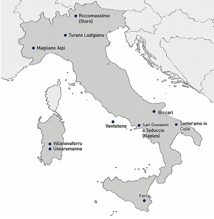 Distribuzione geografica dei dieci casi di studio di Comunità per le Energie Rinnovabili (CER) di prima generazione analizzati in Italia.